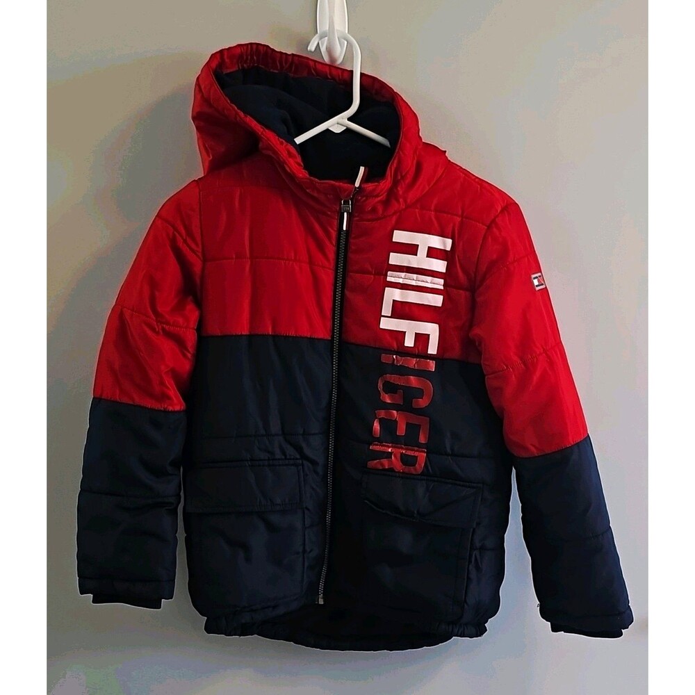 Tommy Hilfiger Boys' Red Navy Colorblock Hooded Puffy Coat Graphic